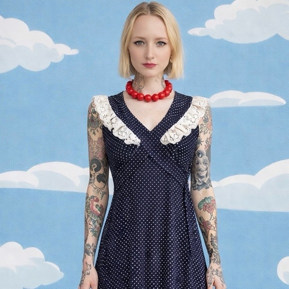 Vintage Dresses & Skirts - Vintage prairie dress- polka dot navy ruffle, lace cross tie maxi- XXS